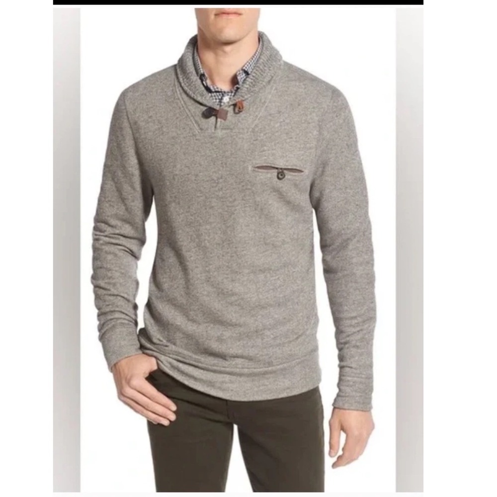 Billy Reid Pullover Mens Large Shawl Collar Grey Button Neck Chest Pocket EUC